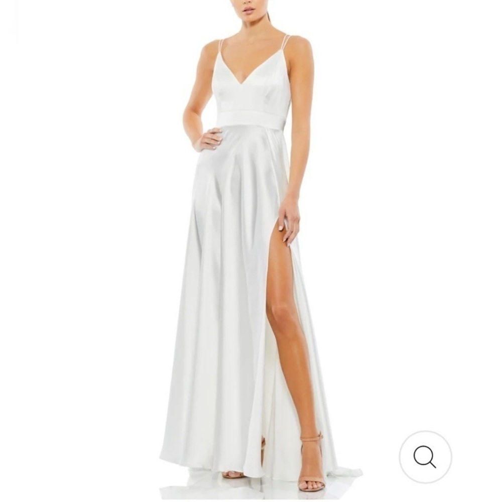 Mac Duggal White Satin Gown with Slit and Tie Back